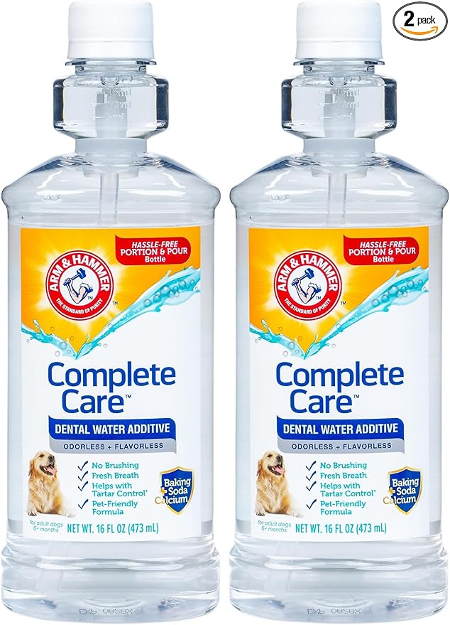 Arm & Hammer Complete Care Dental Water Additive for Dogs, Easy Portion Bottle, Dog Breath Freshener, Dog Mouth Wash or Dental Rinse, Simply Add to Pet Drinking Water for Fresher Breath, 16 FL OZ