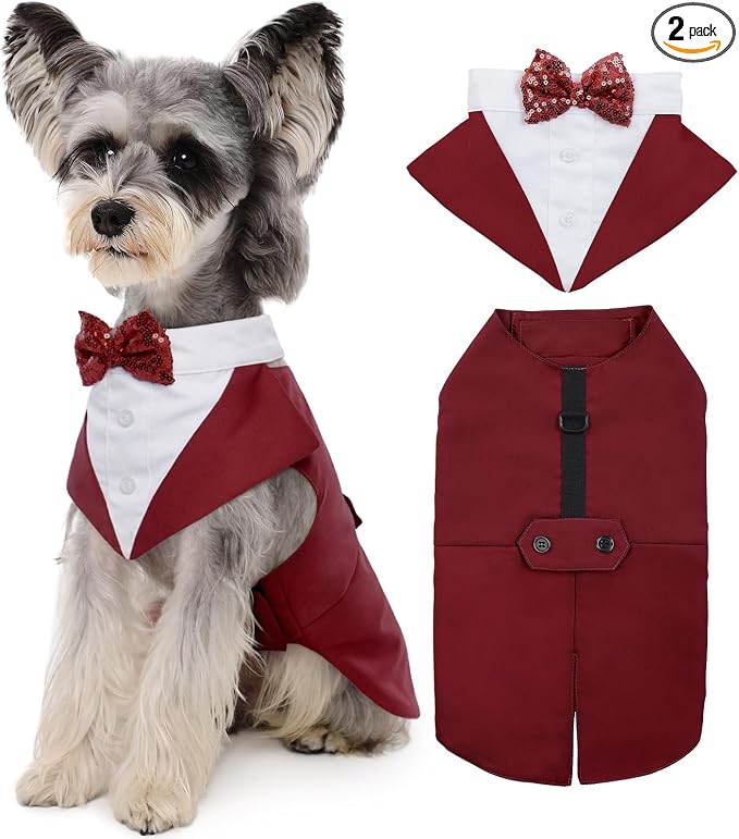 Dog Tuxedo Dog Suit and Bandana Set, Dogs Tuxedo Wedding Party Suit, Doggy Prince Bow Tie Shirt Formal Pet Wedding Attire for Large Medium and Small Dogs Golden Retriever Samo Bulldogs