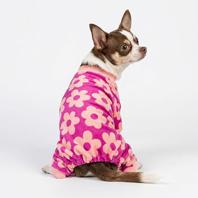 Fitwarm Flower Fleece Dog Pajamas, Warm Winter Dog Clothes for Small Dogs Girl, Cozy Pet Onesie with Feet, Pink, Large
