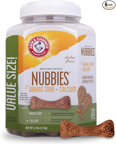 Arm & Hammer for Pets Nubbies Dental Treats Value Size Baking Soda Calcium Dog Dental Chews Scrubs Plaque Tartar Chicken Flavor 139 Count 52.8 OZ 6 Pack