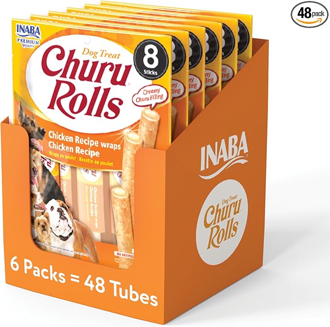 Churu Rolls for Dogs, Soft & Chewy Baked Chicken Wrapped Filled Dog Treats, 0.42 Ounces Each Tube, 48 Tubes Total, Chicken Recipe