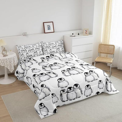 Erosebridal Penguin Comforter Set Queen Size for Kids Boys Girls Antarctic Animal Bedding Set Penguin Illustration Down Comforter Grey White and Black Cartoon Quilted Comforter with 2 Pillow Cases