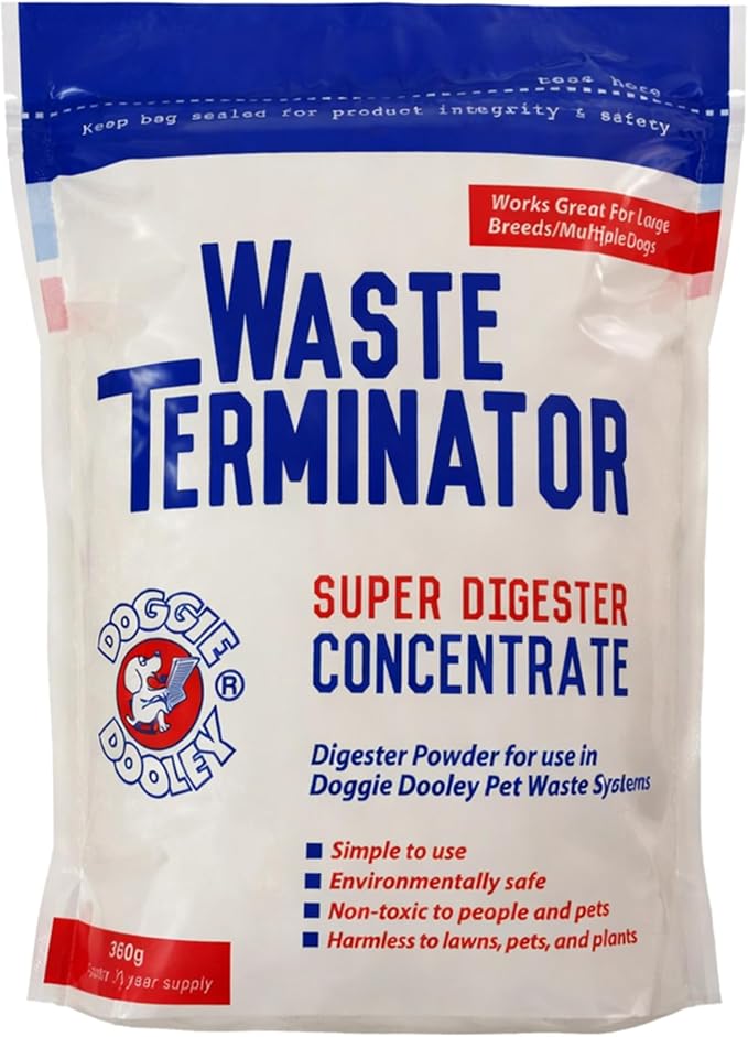 Waste Terminator Powder - 360 Gram - Pet Digester Concentrate for In-Ground Disposal Unit - Breaks Down Waste and Odors - Resealable Pouch - 1 Year Supply for All Dog Sizes - Brown