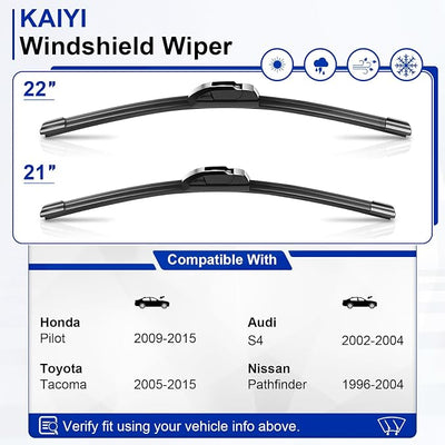 KAIYI 22" + 21" Windshield Wipers Compatible with Honda Pilot 2009-2015,Toyota Tacoma 2005-2015,Nissan Pathfinder 1996-2004 Premium Automotive Replacement Windshield Wiper Blades 2 Pack