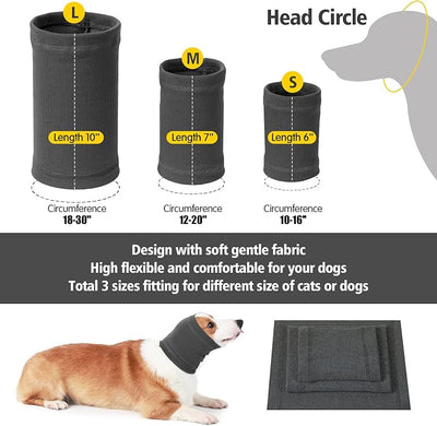 Dog Head Wrap - No Shake Quiet Ears for Dogs Anxiety Relief, Original Ear Covers Pet Calming Hoodie for Thunder, Lightning, Fireworks, Vet Visits, Grooming, High Stretch Ribbed Fabric, Grey S