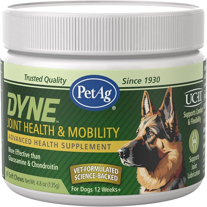 Dyne Soft Chews, Joint Health & Mobility Supplement - Vet-Formulated for Dogs - with UC-II® Collagen - Up to 4X More Effective Than Glucosamine/Chondroitin - 45 Chicken Liver Flavor Chews