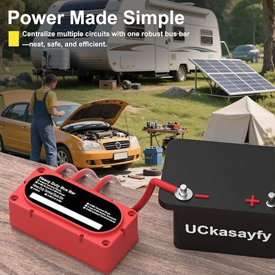 Heavy Duty Bus Bar 300A 12V Power Distribution Block with 3/8" (M10) 4-Posts Terminals Block with Cover for Automotive, Marine, Battery System (Red)