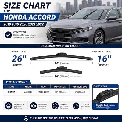 AERO Wipers OEM Replacement for Honda Accord 2018-2022, 26"+16" Front, All-Season Windshield Wiper Blades with Extra Squeegee Refills + 1-Year Warranty (Set of 2)