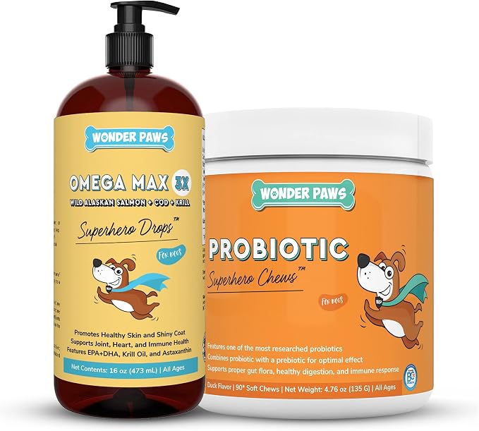 Omega Max Fish Oil Plus Probiotic Chews - for Dog Joint Health, Skin Moisture, Gut Health & Daily Wellness - Omega Max 16 Ounces - Probiotic 90 Chews