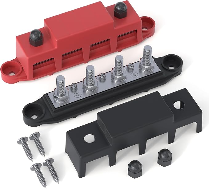 Bus Bar 12V 250A Power Distribution Block 4 x 5/16"(M8) Studs | Marine Bus Bar, 12 Volt Battery Busbar, Terminal Block, Automotive, Car, Boat, Solar Wiring, Positive & Negative