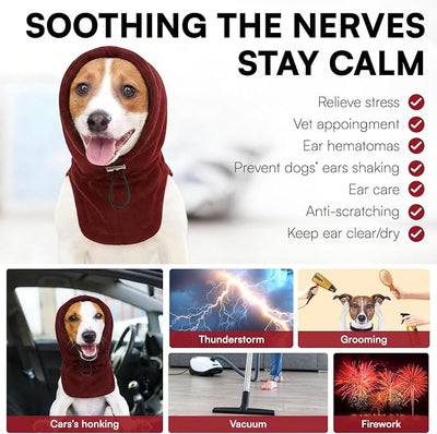 Dog Calming Hoodie Pet Ear Warmer Covers for Noise, No Flap Ear Wrap for Dogs, Quiet Ears Dog Hoodie Anxiety Relief Dogs Hat Calming Hood Head Cover, Burgundy M
