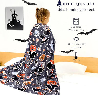 Halloween Blanket Twin Size Soft Black Glowing Fall Pumpkin Throw Blanket Lightweight Fuzzy Grey Twin Bed Decoration Blanket for Bedroom Couch Sofa