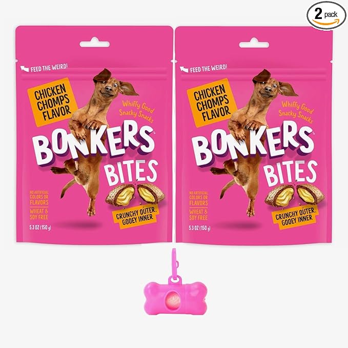 Bonkers Bites Dog Treats, Chicken Chomps Flavor, Crunchy & Gooey, 5.3 oz with Bone Waste Bag Dispenser & Free Roll (Pack of 2)