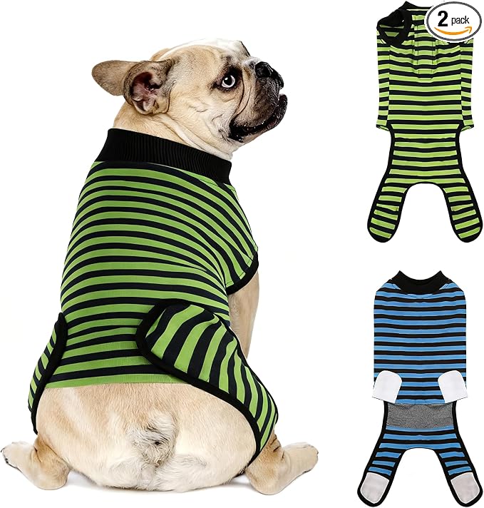 Dog Recovery Suit, 2 Packs, Breathable Cotton, Abdominal Wounds Protection, Anti-Licking Onesies for Male Female Pets, Surgery Bandages, Size S, Blue & Green Stripes