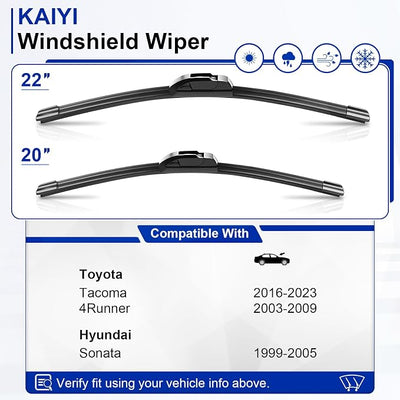 KAIYI 22" + 20" Windshield Wipers Compatible with Toyota Tacoma 2016-2023,4Runner 2003-2009,Hyundai Sonata 1999-2005 Premium Automotive Replacement Windshield Wiper Blades 2 Pack