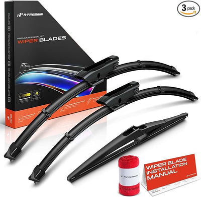 A-Premium 23"+23"+12" Windshield Wiper Blades with Wear Indicator & Towel | Compatible with Saab 9-5 2008-2009, Front Rear Wipers Blade Set for Gen2D/Snap Claw Arm Connector, Pack of 3