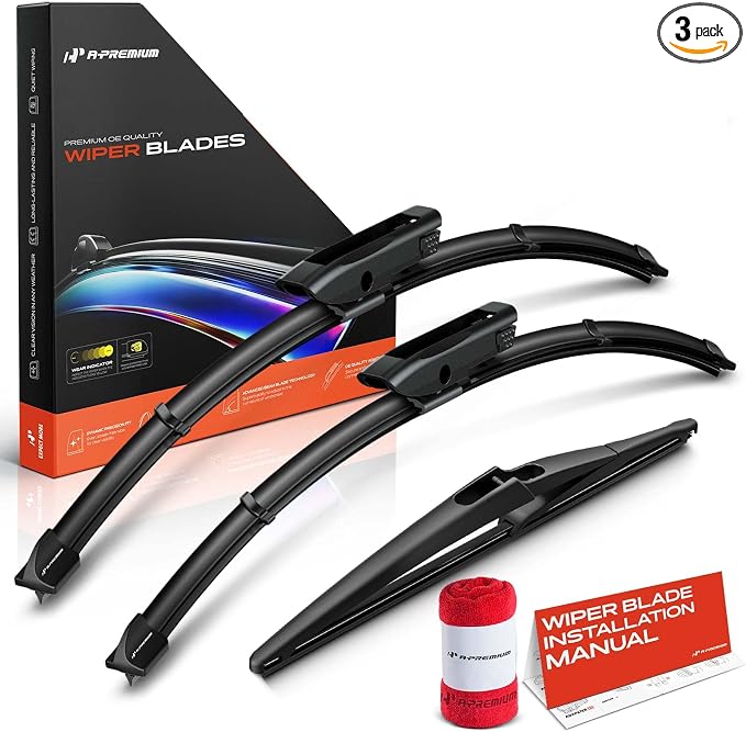 A-Premium 23"+23"+12" Windshield Wiper Blades with Wear Indicator & Towel | Compatible with Saab 9-5 2008-2009, Front Rear Wipers Blade Set for Gen2D/Snap Claw Arm Connector, Pack of 3