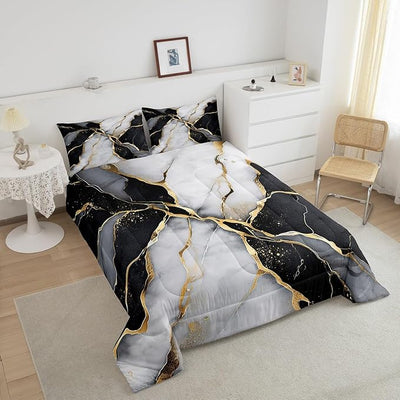 Black Marble Comforter Set,Gold Metallic Marble Down Comforter for Kids Boys Teens Adult, Black Gold Abstract Marble Texture Bedding Set Queen Size, Boho Hippie Duvet Sets with 2 Pillow Cases