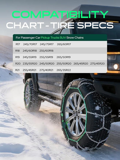 YHTAUTO Set of 2 Snow Chains 12mm for Pickup Truck SUV Passenger Car Universal Fit Tire Chains Auto-Tightening Quick Installation, Anti-slip Traction in Snow, Mud, Sand | SWC0015