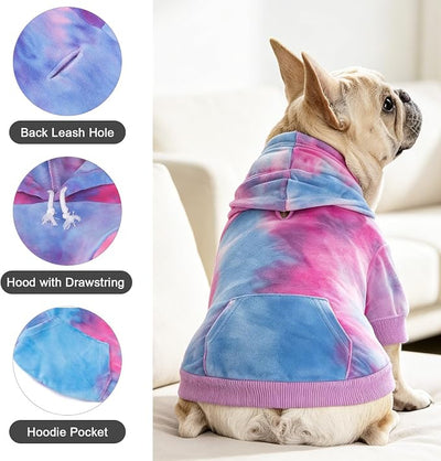 PAWCHIE Dog Hoodie for Small Dogs,Tie Dye Dog Cloth with Leash Hole,Puppy Sweatshirt, Pet Outfit, Cat Apparel,Pink Blue,L