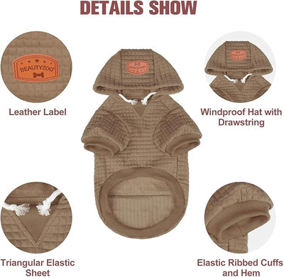 BEAUTYZOO Small Dog Hoodie Sweater with Pockets, Dog Clothes for Small Medium Dogs Boy Girl, Waffle-Like Laminated Cotton Pet Coats with Hat and Leash Hole, Khaki ML