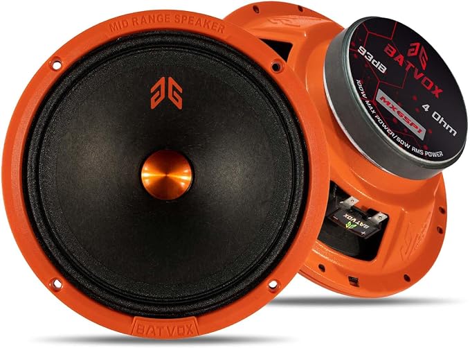 MX65P1 Loudspeaker 6.5 Inch Midrange 200 Watts 4 Ohms Orange Dust Cap, Premium Quality Audio Door Speakers for Car or Truck Stereo Sound System, Orange (2 Speakers)