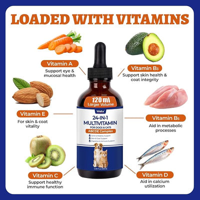 Wellix 4.06 FL oz 24-in-1 Liquid Multivitamin with Taurine for Dogs & Cats, Pet Vitamins and Supplements with Glucosamine, Cranberry, MSM, Probiotics - Itch&Allergy Relief, Joint Supplement for Pets
