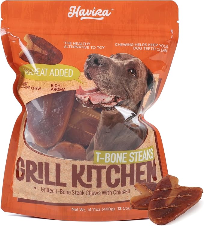 BBQ Dog Treats T-Bone Steak 12 Count, Grill-Shaped Rawhide Free Dog Chews Bone, Easily Digestible, for All Life Stages