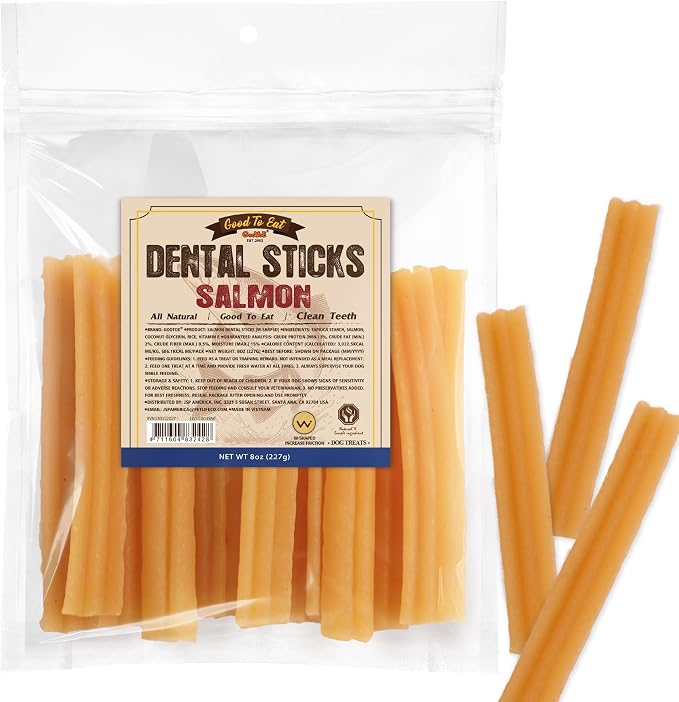 Dental Sticks for Dogs, Salmon Dental Treats, Teeth Cleaning Chews for Fresh Breath, Helps Remove Tartar, Omega-3 for Skin and Coat Support, W-Shaped, 8oz