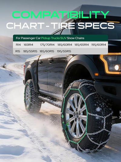 YHTAUTO Set of 2 Snow Chains 12mm for Pickup Truck SUV Passenger Car Universal Fit Tire Chains Auto-Tightening Quick Installation, Anti-slip Traction in Snow, Mud, Sand | SWC0009