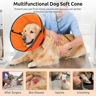 Queenmore Soft Cone for Dogs After Surgery, Dog Cones for Large Dogs to Stop Licking, Soft Dog Cone, Elizabethan Collar for Pets, Alternative Pet Recovery Collar for Wound Healing, Orange L