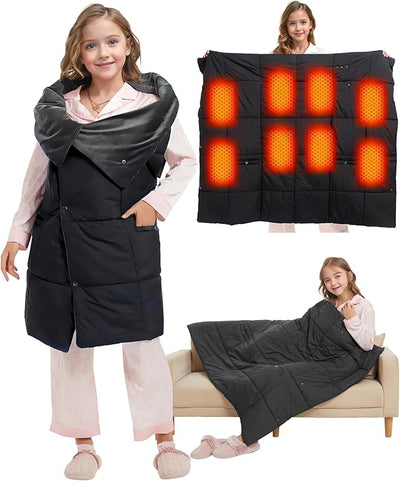 Kids Heated Blanket Battery Powered - 52x43 in Portable Wireless Cordless Throw Electric Rechargeable Heating Blanket, Upgraded 7.4V Battery Pack Heating Element (Black)