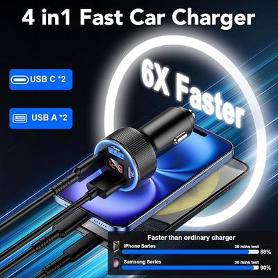 Car Charger USB C Fast Charge, 4 Port 78W Metal Car Phone Charger with Voltmeter, 2 USB-C & 2 USB-A Cigarette Lighter USB Charger Adapter for iPhone 17 16 15 Pro Max, Galaxy S26 S25, iPad