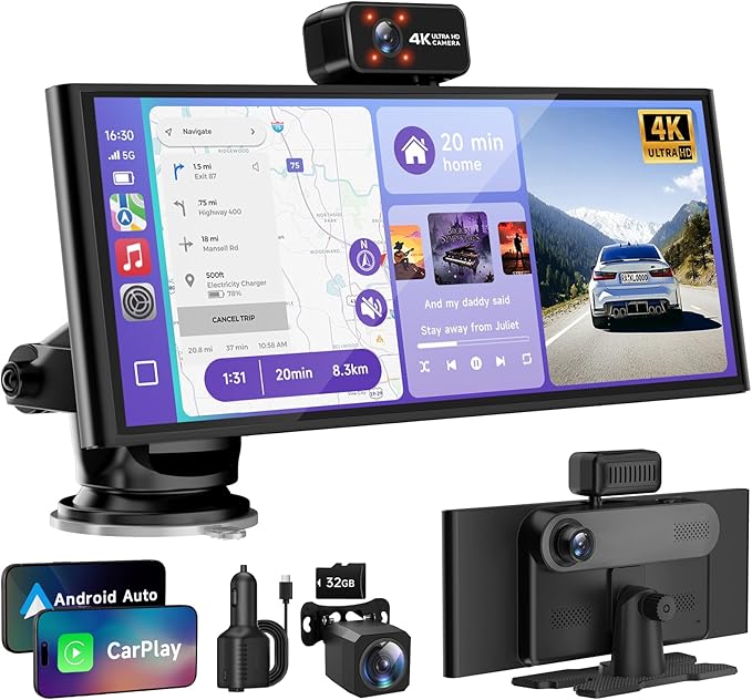CarPlay Screen for Car Tablet Android Auto Smart Screen for Car, 4K Dash Cam Portable Car Play with 3 Channel Camera,10.26” Wireless Display with FM Radio Stereo Bluetooth 5.2, 32GB TF Card Black