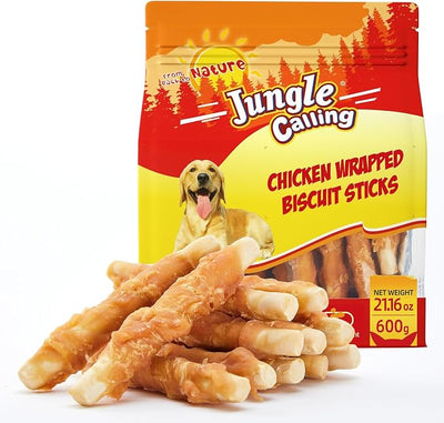 Jungle Calling 1.32 lb Chicken Wrapped Biscuit Dog Treats, Grain-Free & Rawhide-Free Dog Chews, Crunchy Training Snacks for Small, Medium & Large Dogs