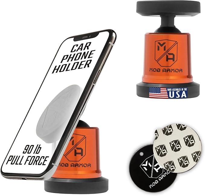 Mob Armor MobNetic Maxx - USA Assembled Magnetic Phone Holder for Car, Magnetic Car Phone Mount, 90-Degree Tilt, 360-Degree Rotation, Aluminum Metal, Compatible with iPhone & Android - Orange Chrome