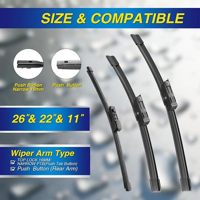5 PLUS® Silicone Windshield Wipers Replacement for 2018-2024 VW Volkswagen Atlas Wiper Blades(Set of 3),Automotive Replacement Windshield Wiper Blades For My Car-26"/22"/11"
