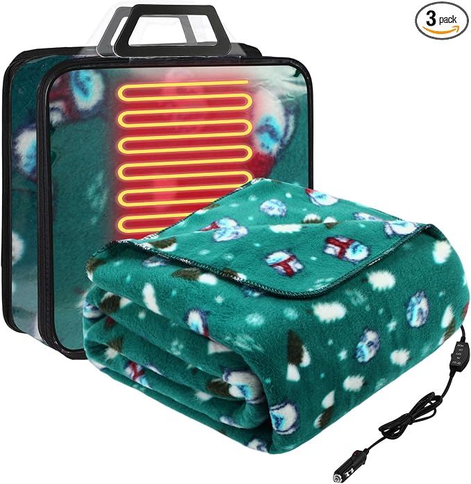 Tuanse 58 x 43 Inches 12 Volt Heated Car Blanket Plug in Portable Car Electric Blanket with Cigarette Lighter, Temperature Controller and Storage Bag for Rv Truck Traveling(Green,Snow Monster)
