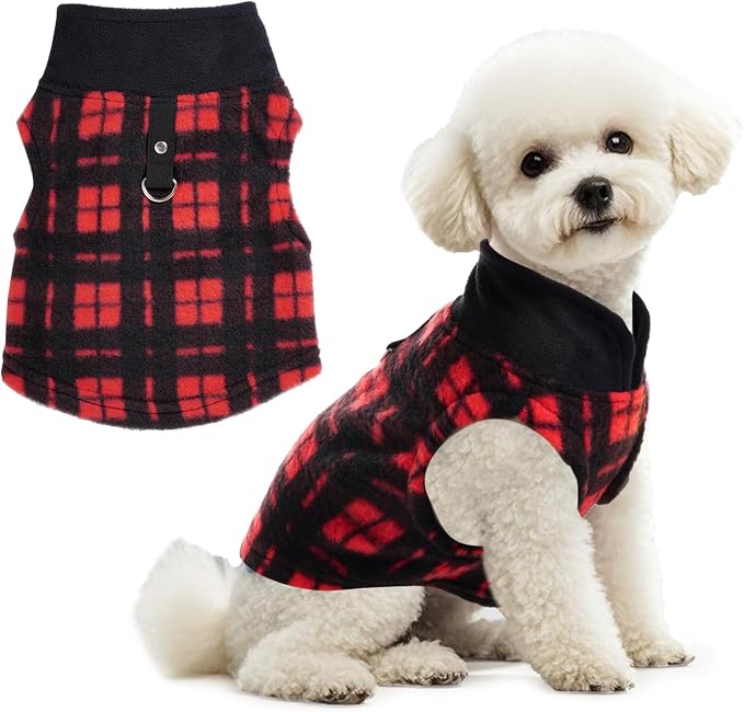 1 PC Plaid Dog Sweaters with Leash Ring Soft Fleece Vest Dogs Pullover Warm Jacket Pet Dogs Clothes Winter Dog Outfits for Small Puppy Cat Pets (Black and Red, X-Small)