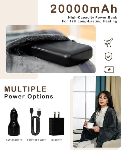 Cordless Heated Blanket Battery Powered; USB Wearable Portable Heated Throw Blanket with Hood, 20000 mAh Battery, 9 Heating Zone, 3-Level; Portable Heated Shawl Cordless; Camping (Comfort Warm Gray)