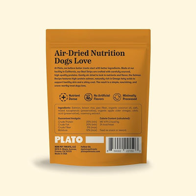 Plato Real Strips Salmon Recipe Dog Treats, Air-Dried High-Protein Soft Strips, Omega-Rich Skin & Coat Support, 18 oz