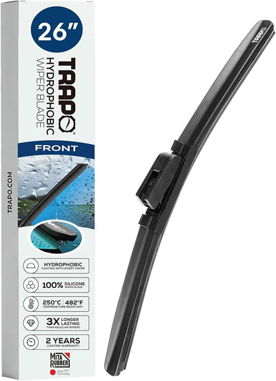 26” Hydrophobic Front Windshield Wiper Blade - Universal Fit for Most Vehicles - Durable & Silicone - Strong Water-Repellent Coating - Prevents Water Build-Up - Quick & Easy Install - 1 Blade