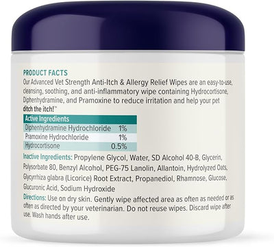 Vetnique Dermabliss 3-in-1 Anti Itch Wipes for Dogs & Cats, Allergy Relief | Hydrocortisone, Pramoxine & Antihistamine Wipes Calm Itching, Paw Licking and Odor for Dogs & Cats; Gentle No-Sting relief