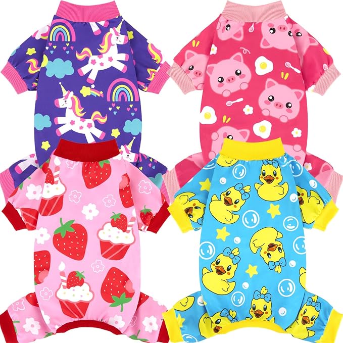 4 Pieces Dog Pajamas Stretchy Dog Pjs Soft Cute Doggie Clothes for Small Medium Dogs Boy Girl Cats Pet Outfits, Small