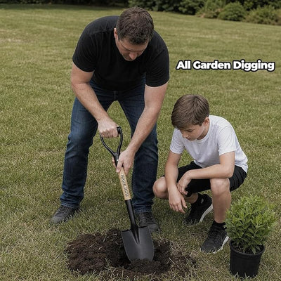 HIGHLIGHT 28-Inch Round Point Small Garden Shovel for Kids, Shovels for Digging with Wooden D-Handle, Compact Spade for Gardening, Beach, Camping & Snow
