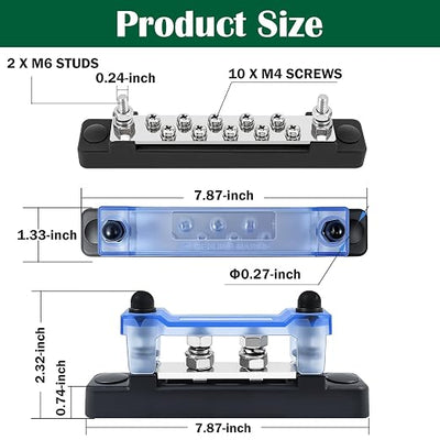 LENKRAD M6 Marine Buss Bars 12V Waterproof Battery Distribution Block 150A Power Terminal Block with 2 x M6 Posts,10 x M4 Terminal Screws, Negative Ground Bar for RV, Solar Wiring