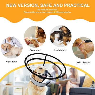 Sponge Core Dog Cat Cone Collar for After Surgery Recovery, Inflatable Dog Cone Alternative, Lainergie Dogs Donut Collar Adjustable with 2PCS Cover for Large Medium Small Dogs Cats (Grey+Yellow, L)