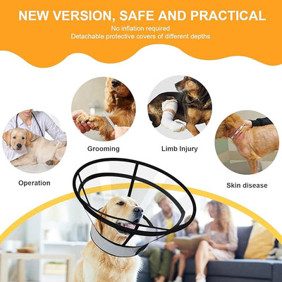 Sponge Core Dog Cat Cone Collar for After Surgery Recovery, Inflatable Dog Cone Alternative, Lainergie Dogs Donut Collar Adjustable with 2PCS Cover for Large Medium Small Dogs Cats (Grey+Yellow, XL)