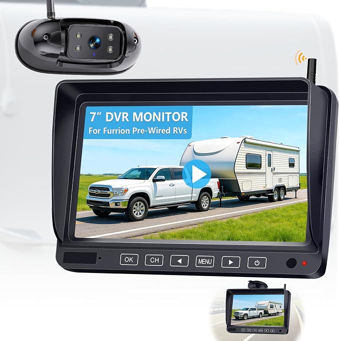 HD 1080P RV Backup Camera Wireless Easy Install: Plug and Play 7'' DVR 4-Channels Split Screen for Furrion Pre-Wired RVs System - AI Motion Detection Rear View Camera Clear Night Vision to 32ft