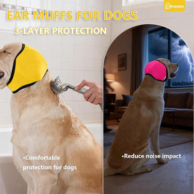 Dog Ear Covers,Dog Ear Muffs Noise Protection,No Flap Ear Wrap for Dogs Hematoma Recovery,Adjustable Calming Hoodie Shower Cap for Grooming,Bathing,Swimming & Anxiety Relief(Fuchsia&Yellow,M)